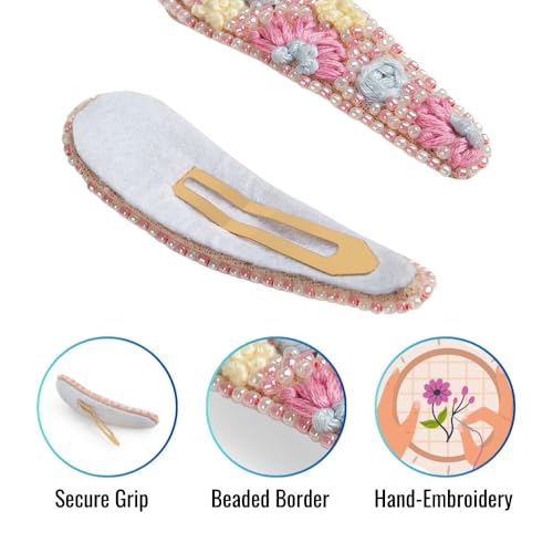 Radhu & Kabby Hand Embroidered Floral Tic-Tac Pin | Hair Clips for Women & Girls | Bead Work | Handmade & Unique | Perfect Hair Accessories for Casual & Special Occasions | 1 Pair