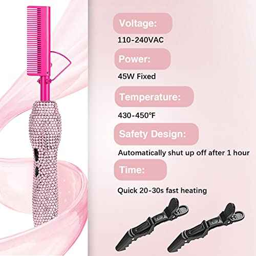 Deluxe Electric Hair Straightener and Curling Comb for Natural Hair and Wigs, 450¡ÆF Heat Pressing Comb with Anti-Scald Case (Pink)