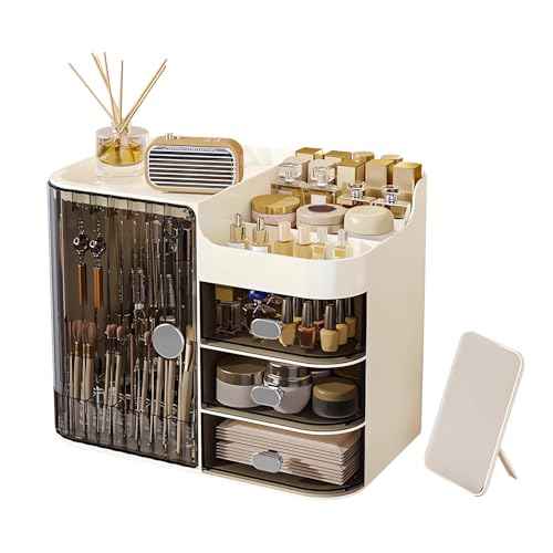 DASITON Makeup Organizer for Vanity,Large Capacity Makeup Storage Organizer with 3-Layer Drawers and Mirror,Cosmetics Display Case Make up Organizers for Vanity,Bedroom,Countertop(Black-Cream)