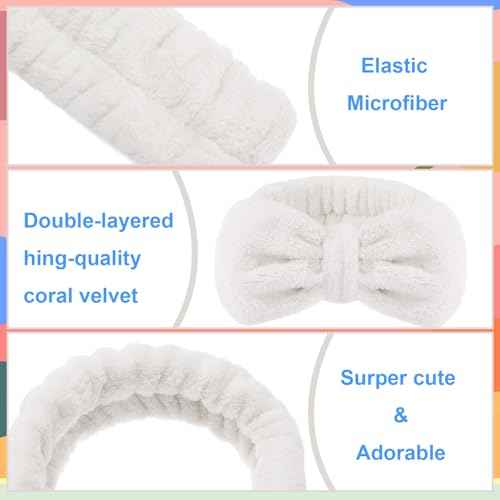 Tigeen 52 Pieces Spa Headband for Washing Face Bulk Soft Coral Fleece Skincare Headband, Bow Makeup Cosmetic Hairband Fluffy Shower Spa Essentials for Girls Women Slumber Supplies(White,Solid Series)