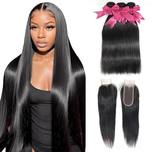 12A Straight Bundles with 2x6 Closure Human Hair 14 16 18 with 12 Inch 100% Unprocessed Brazilian Virgin Human Hair Weave Bundles with 2x6 HD Lace Closure