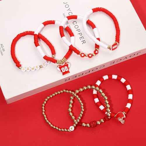 Game Day Headbands for Women Red Spirit Day Accessories Jeweled Football Headband Heishi Bracelets Game Day Tassel Earrings Football Mom Game Day Accessories Outfits Gifts