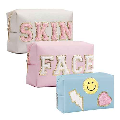 GEMLORD 3 Pieces Preppy Patch Makeup Bag, Small Chenille Letter Cosmetic Bag, PU Leather Waterproof Zipper Skin Care Toiletry Bags for Teen Girls, Portable Preppy Gift for Women(White, Blue, Pink)