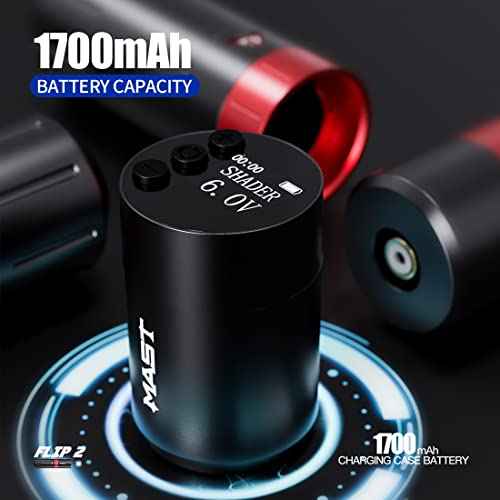 Tattoo Gun Kit - Mast Tattoo Flip2 Wireless Pen Machine Mcore-A Powerful Motor 6 Strokes Length 2 Batteries Power Supply Needles Cartridges Black Tattoo Ink for Beginners