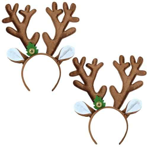 Beviliu Reindeer Antlers Headband, Deer Hairband Costume with Bells, Cute Christmas Hairband Accessories for Adults Halloween Santa Holiday Parties, 2Pack
