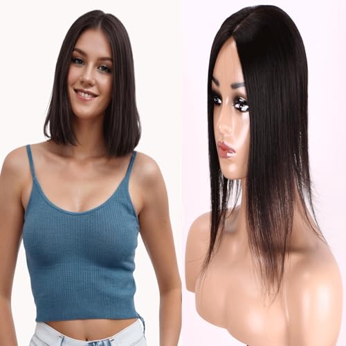 Hair Toppers for Women with Thinning Silk Base for Women Clip in Hair Toppers with Bangs 12 Inch #1B Natural Black