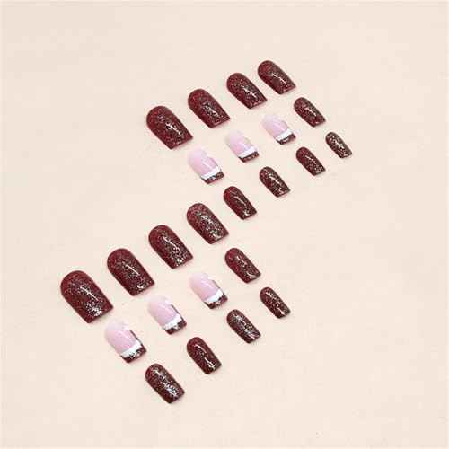 Press on Nails Short Square Christmas Fake Nails Tips Glossy Nails Red False Nails with Glue on Nails Stick on nails for Women and Girls