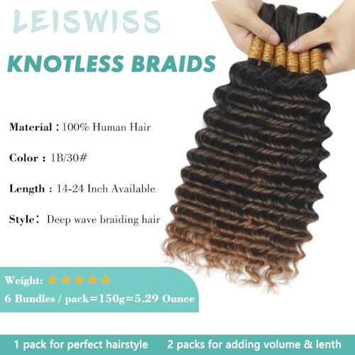 Human Braiding Hair for Boho Braids T30 150g 6 Bundles/Pack 18 Inch Deep Wave Bulk Human Hair for Braiding Virgin Ombre Braiding Hair Extensions Wet And Wavy Human Boho Braiding Hair Bundles