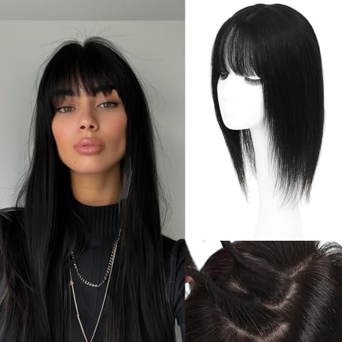 Hair Toppers for Women Real Human Hair,360¡Æ3D Big Basement Cover Topper for Women with Thinning Crown with Wispy Clip in Bangs Realistic Scalp (1B, 3D Wispy Bangs 18INCH)