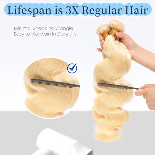 613 Bundles Human Hair 12 14 16 Inch Blonde Body Wave Bundles 100% Unprocessed 16A Brazilian Virgin Hair 3 Bundles Human Hair Body Wave Hair Extensions for Women can be Dyed Bleached