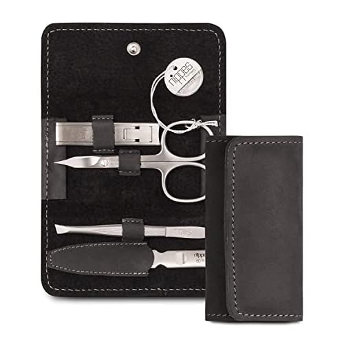 nippes Solingen Premium Line Tabard Manicure Set, 4 Pieces, Black, Stainless Steel, Nickel and Rustproof, Cowhide Nail Case, Nail Care Set, Made in Germany