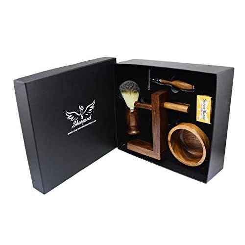 Safety Razor Shaving Kit, Double Edge Razor Blades,Hair shaving Brush wood Handle, Wood Shaving Bowl And Shaving Stand Kit, Wet Shave Grooming Set for Men Best shaving set Gift For Gentleman