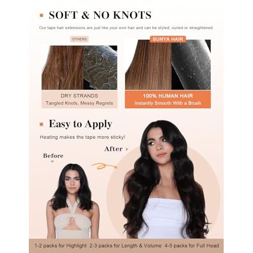 Sunya Tape in Hair Extensions Human Hair Jet Black 22 inch Straight Seamless Skin Weft Tape in Hair Extensions #1 Color 50g/20Pcs