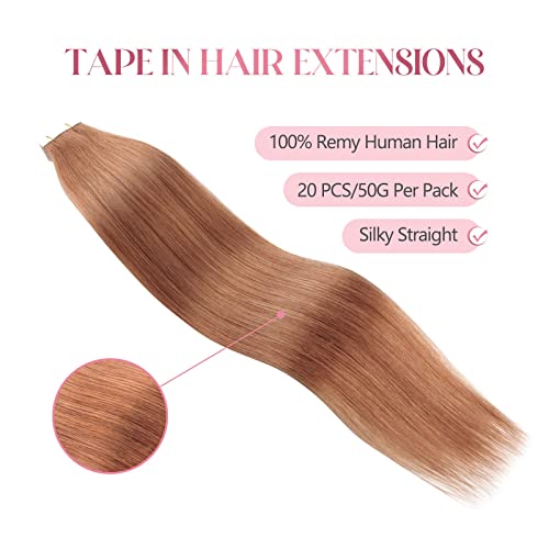Sixstarhair Medium Auburn Tape in Hair Extensions Human Hair 50g Tape in Hair Extensions with Double Sided Tape [Color 30 Medium Auburn 22inch]