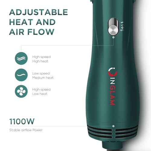 IG INGLAM Hair Dryer Brush, 4-in-1 Detachable Blow Dryer Brush, Ionic Diffuser Hair Dryer & Styler Volumizer with Oval Titanium Barrel, One-Step Hot Air Blowout Styler, Dark Green