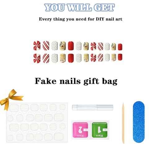 Christmas Press on Nails Short, Christmas Fake/False Nails with Embossed Gingerbread Man Press ons Designs Christmas Nails Press on Acrylic Artificial Nails Stick on Nails For Women 24Pcs