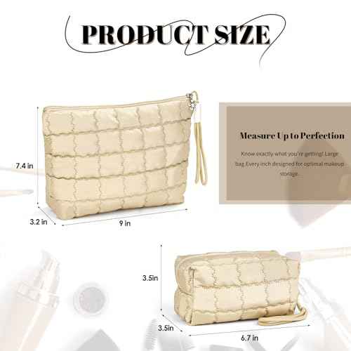 Richeart Makeup Bag Travel Toiletry Bag - Checkered Down Cotton Makeup Pouch for Women with Cosmetic and Pencil, Aesthetic Khaki Design, 2 Pieces