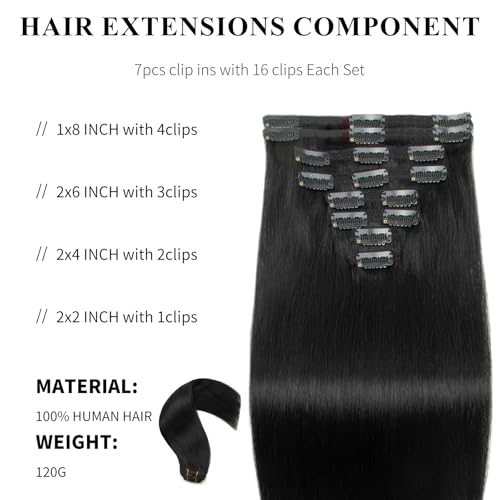 Clip in Hair Extensions Real Human Hair, Remy Human Hair Extensions Clip ins for Women (18 Inch 120g 7Pcs, 1B Natural black)