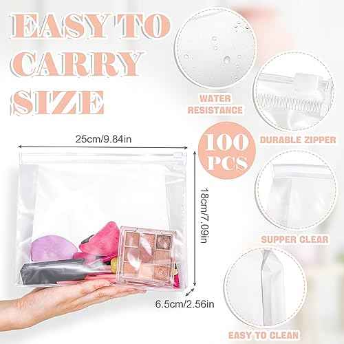 Xuniea 100 Pcs Mini Clear Makeup Bag PVC Small Travel Toiletry Organizer Pouches Bulk Waterproof Transparent Plastic Cosmetic Bag with Zipper for Women Men Travel(9.8'')