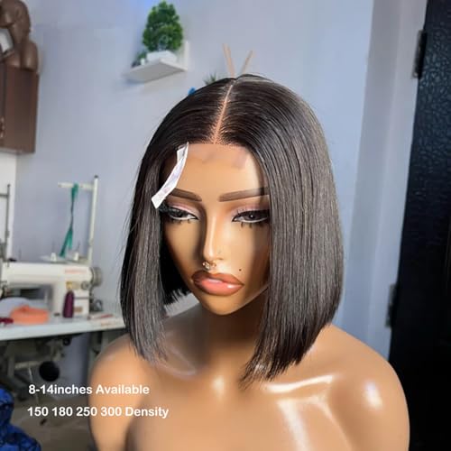 Real Skinlike 2X6 HD Crystal Lace Closure Wig Short Bob Human Hair with Thin Knots 180% Density Blunt Cut Bob Straight Natural Black Brazilian Remy Hair Swiss Lace Wigs For Woman Bleached Knots 8Inch