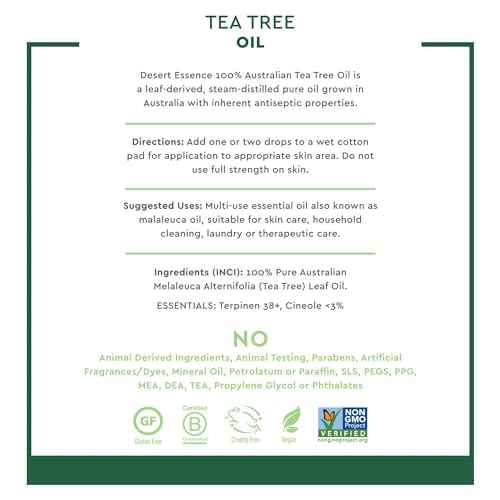 Desert Essence 100% Australian Tea Tree Oil Therapeutic Grade Essential Oil - Skin Cleansing, Clarifying, Soothing - Refreshing Air - Skin Care, Hair Care, Powerful Green Clean - Vegan, Non-GMO - 2oz