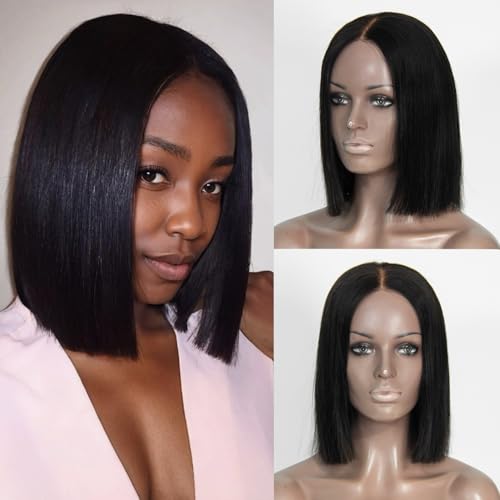 Wear and Go Glueless Wigs Human Hair Pre Plucked Pre Cut, Blunt Cut Bob Wigs Human Hair Bleached Knots 210% Density 12A Brazilian Virgin Hair 5x5 HD Lace Closure Wigs Black Women 10 Inch