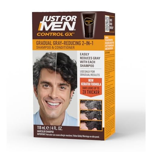Just for Men Control GX Grey Reducing 2-in-1 Shampoo and Conditioner, Gradual Hair Color with Keratin for Stronger Thicker and Healthier Looking Hair, 4 Fl Oz - Pack of 1 (Packaging May Vary)