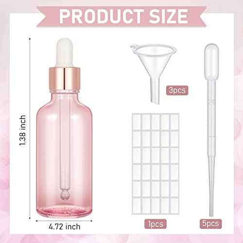 Nuogo 50 Pack Eye Dropper Bottle with Caps, 2oz Glass Bottles Bulk with 5 Droppers for Essential Oils, 3 Plastic Funnels, 30 Labels Stickers for Perfume Liquid Body Oil Beauty Oil(Pink)