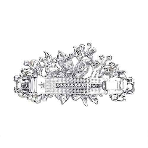 EVER FAITH Austrian Crystal Bridal Hibiscus Cream Simulated Pearl Hair Clip Barrette Blue Silver-Tone