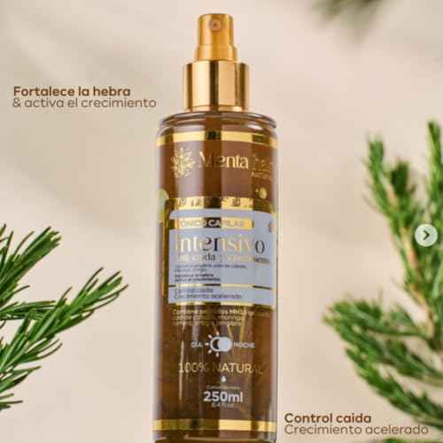 Tonico capilar anticaida y crecimiento con romero y jengibre Menta Hair - Vegan Natural Extracts - Horsetail, Moringa, Rosemary, Chamomile extract ? No Parabens 250ml Artesanal