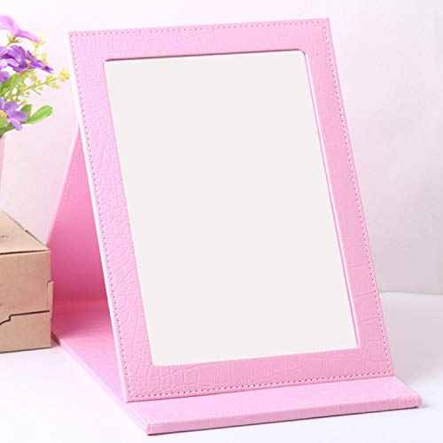 Portable Folding Vanity Mirror,Desktop Folding Mirror with Adjustable PU Leather Stand-Pink