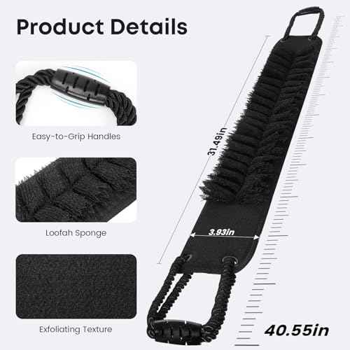 Back Scrubber with Handles for Shower, 40 Inches Dual-Sided Back Washer with Exfoliating Texture and Loofah for Men, Women and Elderly, Bath Back Exfoliator Body Cleaner for Deep Cleansing