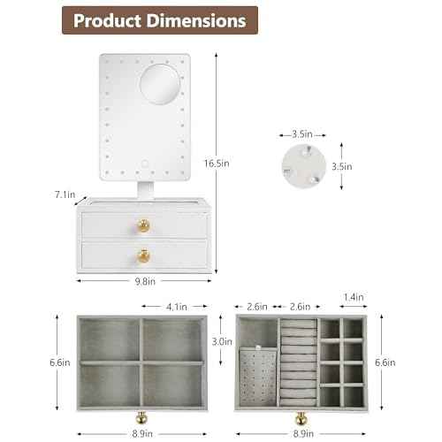 Star Vision 2-in-1 Lighted Makeup Mirror with PU Jewelry Organizer, Dimmable 6,000K Cool White Light, 2-Layer Drawers, PU Surface with Stitching, Includes a 10X Magnification Mirror, White