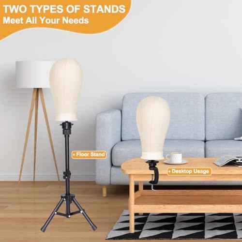 PWEOUKE 22 Inch Canvas Wig Head with Stand for Wigs ,14-22 Inch Height Adjustable Wig Stand Tripod with Canvas Block Wig Head,Manikin Head Block Set for Cosmetology with Wig Stand and Storage Bag
