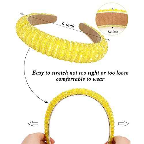 Wecoe Yellow Headband Fashion Rhinestone Padded Headband Women Cute Fancy Bling Diamond Sparkle Crystal Beaded Hairband Homecoming Prom Holiday Hair Accessories For Women Girls Birthday Gifts