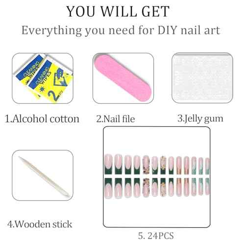 Nails Press on, Long Square Press on Nails Green French Tip Fake Nails with Glod Butterfly Charm Diamond Sparkling Design, Acrylic Artificial False Nails Press Ons Stick On Nails for Women
