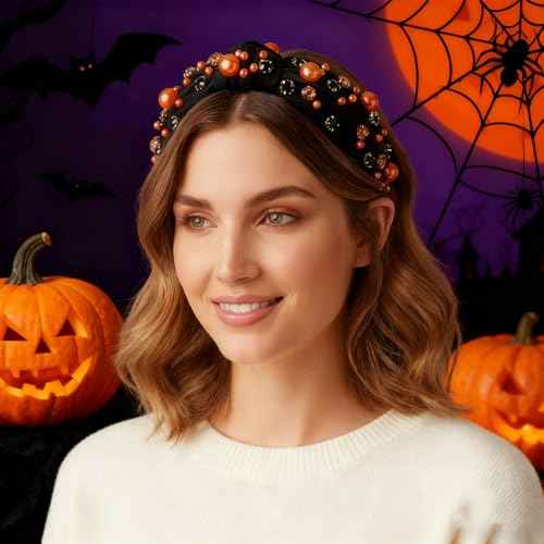 Halloween knotted Headband for Women Fashion Black Rhinestone Pearl Headband Hair Accessory, Costume Party Outfits Gifts