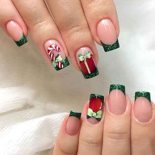 Christmas Press on Nails Square Green French Tip Fake Nails Mdeium with Candy Canes Gift Box Bow Design Nails Press on Glitter False Nails Xmas Glue on Nails Artificial Christmas Nails for Girls 24Pcs