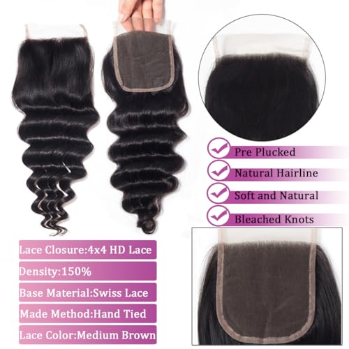 Loose Deep Wave Bundles with Closure 12 14 16+10 Inch 100% Unprocessed Virgin Brazilian Hair Bundles Wavy 3 Bundles and 4X4 HD Lace Closure Natural Color Hair Bundles with Closure