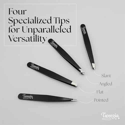 TWEEZIA Stainless Steel Tweezer Set - 4 Precision Tweezers with Mirror & Leather Case - Ideal Eyebrow Kit, Ingrown Hair Tweezers, Splinter Removal Kit or Pointed Tweezers for Beauty and Personal Care