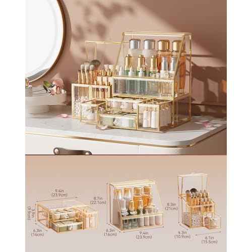 Clear Makeup Organizer with Gold Frame ? Countertop Vanity Organizer for Skincare, Lipsticks, Perfume & Brushes ? Bathroom Cosmetic Storage Display Box
