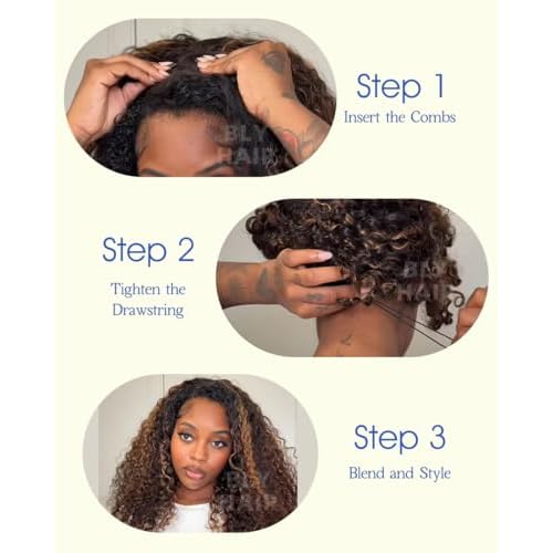 BLY Highlight Water Wave Half Wig Human Hair 3 in 1 Glueless Drawstring Flip Over Wear Go Wig for Women 1B 30 Color 180 Density Short Bob Wigs 10 Inch