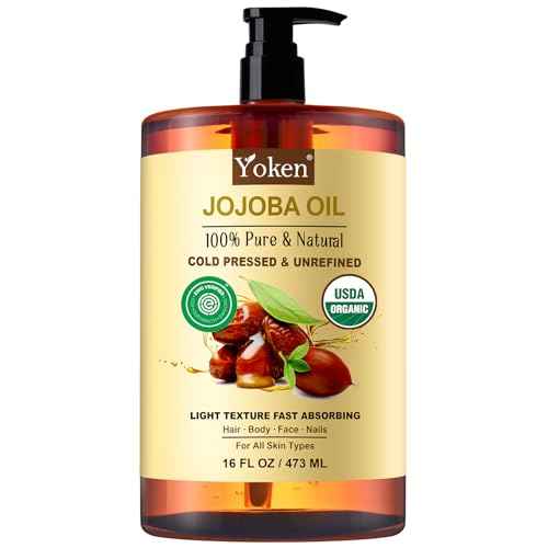 Pure Jojoba Oil Organic USDA Certified 16 fl oz, 100% Natural Jojoba Oil for Hair, Skin & Face, Cold Pressed Unrefined, Deeply Moisturizing Body Carrier Oils for Essential Oils Mixing