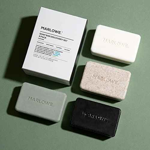 MARLOWE. Soap Discovery Gift Set, Mens Skin Care Variety Selection of Exfoliating Body Scrub, Charcoal, Moisturizing & Polishing Body Bar Soaps for Men, 4 Pack