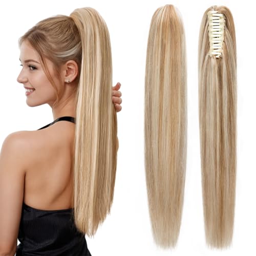 Human Hair Claw Clip Ponytail,Prokyvity Claw Clip Ponytail Extension 100% Human Hair for Women,Style in Seconds Quick Styling Solutions for Busy Lives,14"/105g Golden Brown Mix Bleach Blonde