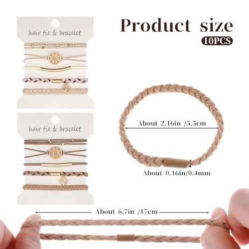 Hair Ties Bracelet for Women, 10 PCS 5 Styles Boho Dual-Use Bracelet and Hair Tie Stylish Soft Braided Hair Bands Elastic No Damage Hair Ties for Thin & Thick Hair Pony Tails (Beige Brown)