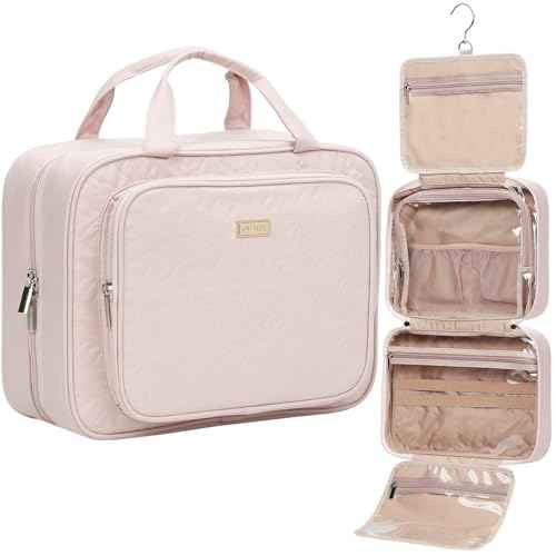 NISHEL Travel Toiletry Bag for Women Large Capacity, Makeup Essentials Organizer, Hanging Case for Accessories, Cosmetics, Pink