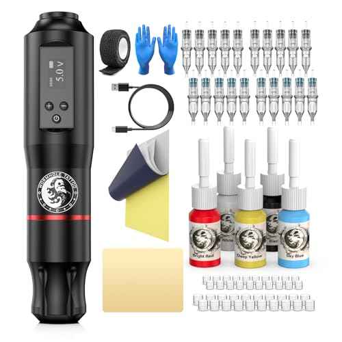 Tattoo Gun Kit, Wormhole Tattoo Kit Wireless Tattoo Machine Kit with 1,600 mAh Capacity Wireless Power Supply Digital LED Display Tattoo Pen Kit WTK279