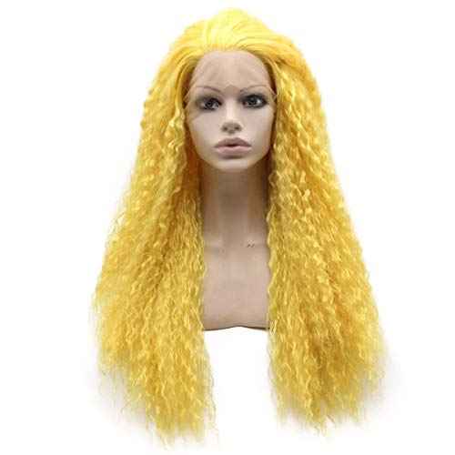 MX angel Long Curly Lace Front Synthetic Hair Yellow Cosplay Party Wig Heat Resistant Fiber