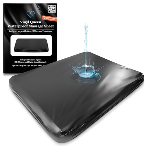 Black Vinyl Queen Waterproof Fitted Massage Bed Sheet with Side Pocket | Mattress Protector, Bed Cover for Nuru Massage - Oil, Water-Based, Silicone Safe | 60'' x 80'' + 15.7'' Deep Pocket